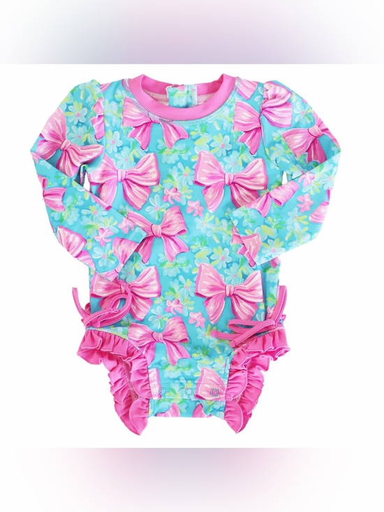 Caden Lane Other - Caden Lane Toddler Girls Bow Print Long Sleeve Rash Guard Ruffle Bottom Swimsuit